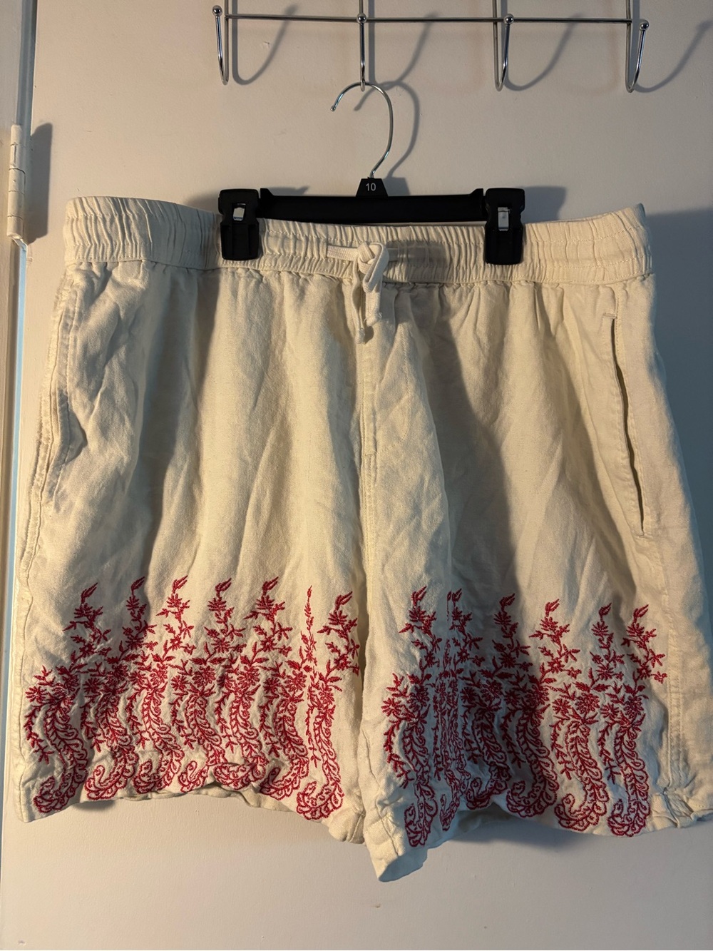 Cream Drawstring Shorts with Red Embroidered Hem